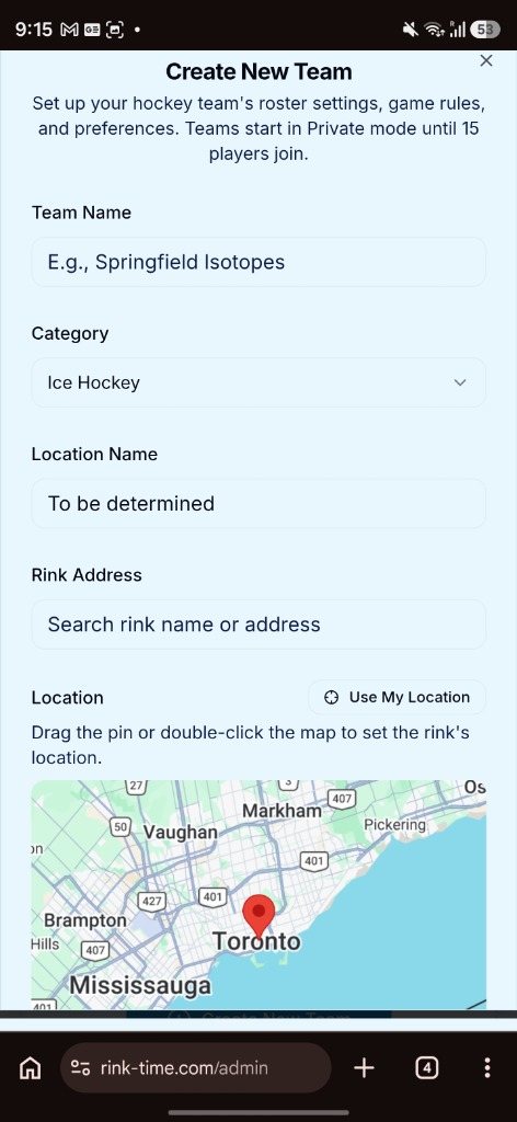 Create New Team & Rink Map UI